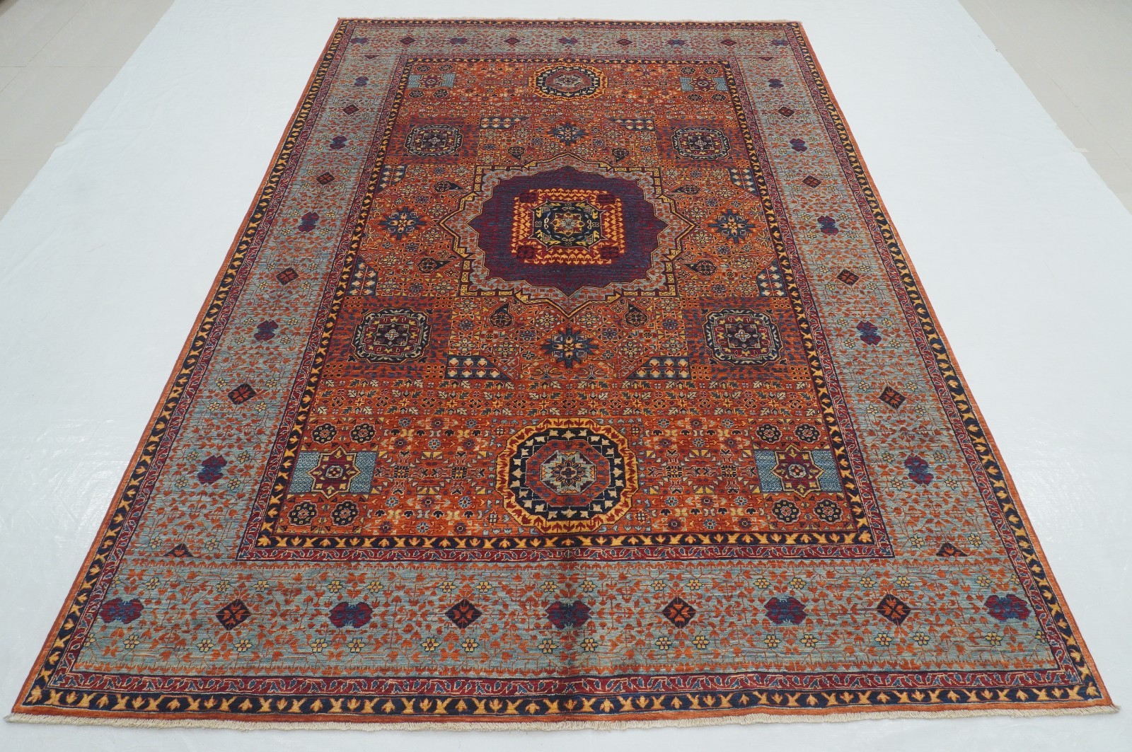 6×9 ft Orange Mamluk Afghan Hand Knotted Wool Medallion Rug
