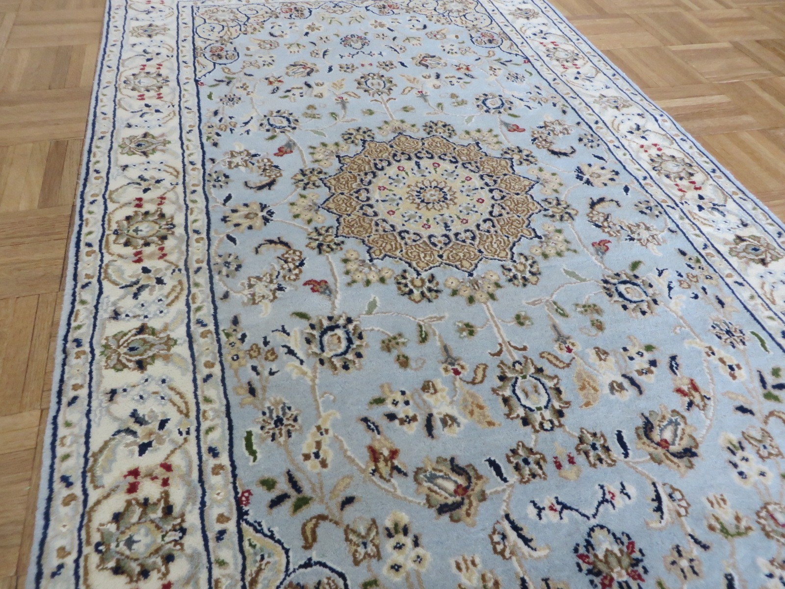 3 x 5’4 Hand Knotted Light Blue Fine Nain With Silk Oriental Rug G16120