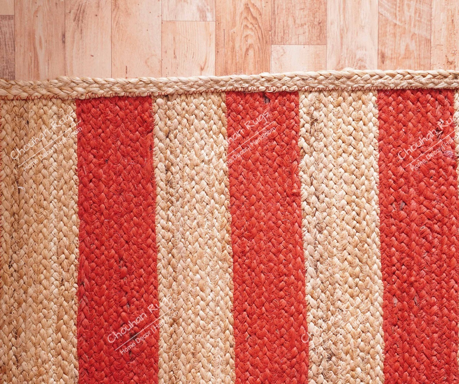 Boho Jute Area Rug Beige & Red Hand Braided Carpet Bohemian Striped Floor Mat