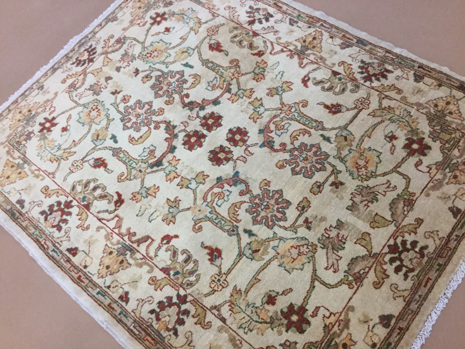 4′.3″ X 5′.2″ Square Beige Red Fine Ziegler Oriental Rug Hand Knotted Wool Foyer