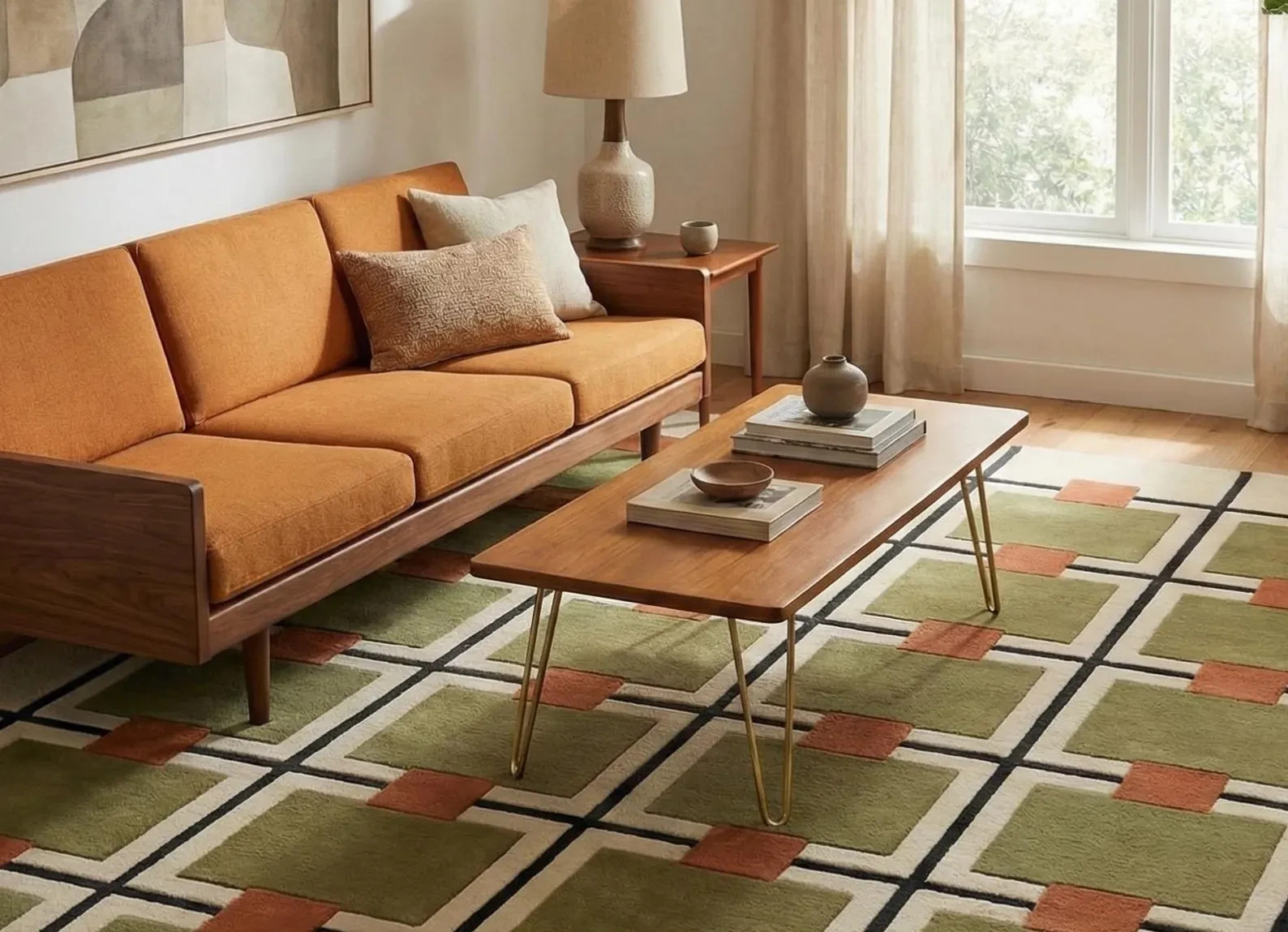 Hand Tufted Wool Rug Modern Geometric Grid Olive Green Rust Living Room Carpet