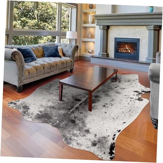 ‌Faux Cowhide Rug 4.6×5.2 FT Realistic Cow Print Area Rug, Non-Slip Modern