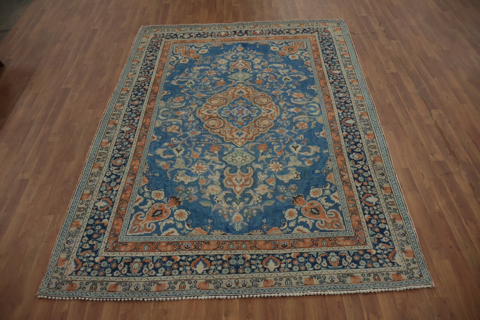 Blue/ Orange Traditional Area Rug 7×9 Vintage Hand-knotted Wool Over-dyed