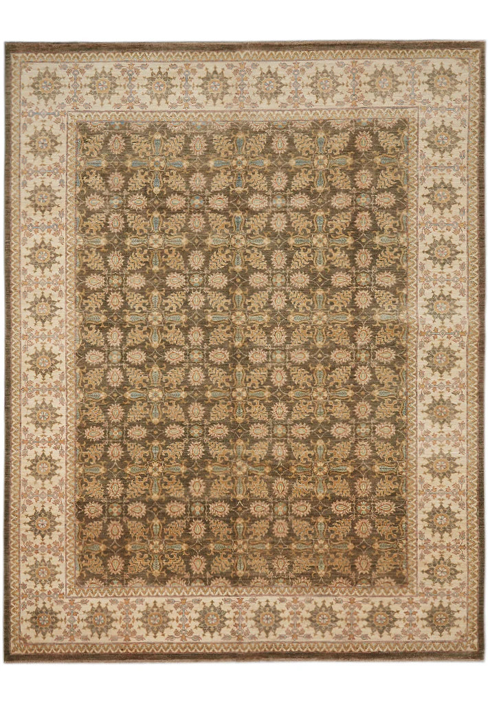 8.1 x 10 Olive Green Chobi Peshawar Carpet Hand-Knotted In Pakistan #F-4343