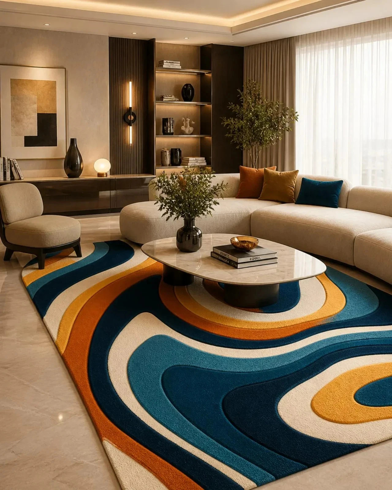 Modern Abstract Rug 8×10, Luxury Hand Tufted Wool Area Rug, Blue Orange Carpet