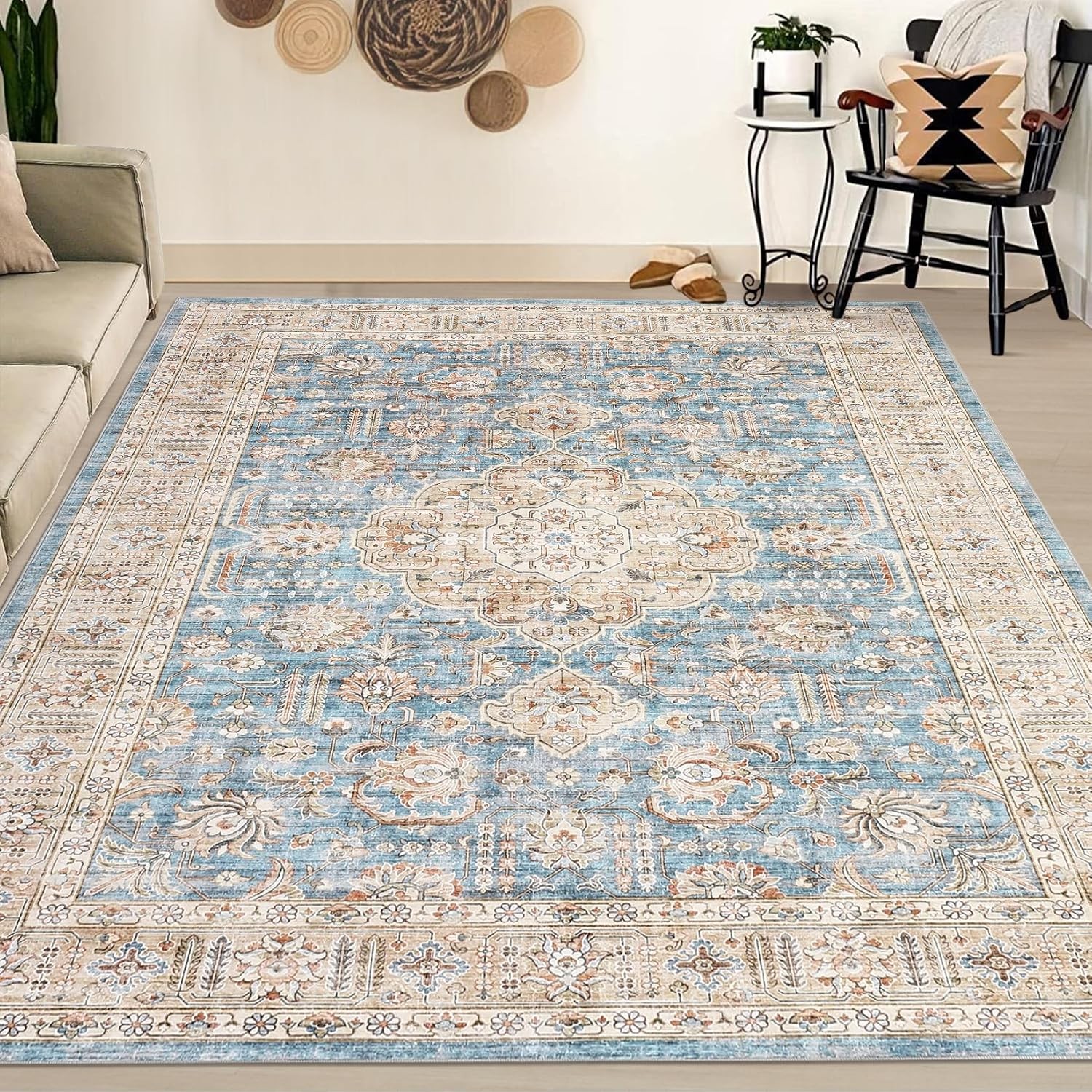 9×12 FT Boho Area Rug Washable Non-Slip Low-Pile Carpet for Dinning Home Office