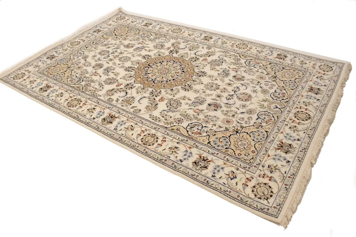 Extra Fine Hand-Knotted Indo-Nain Oriental Rug Large Cream Floral Carpet 6X9 ft