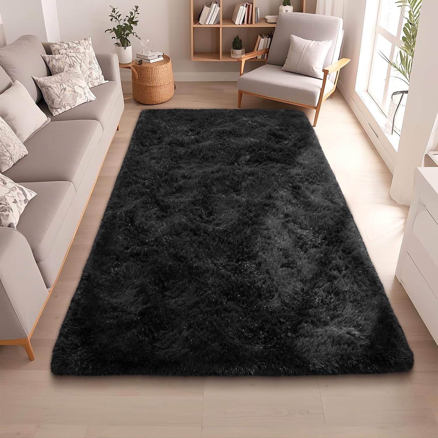 Black Rugs for Bedroom 4×5.9 ft – Ultra Soft Faux Fur Area Rug – Plush Non-Sl…