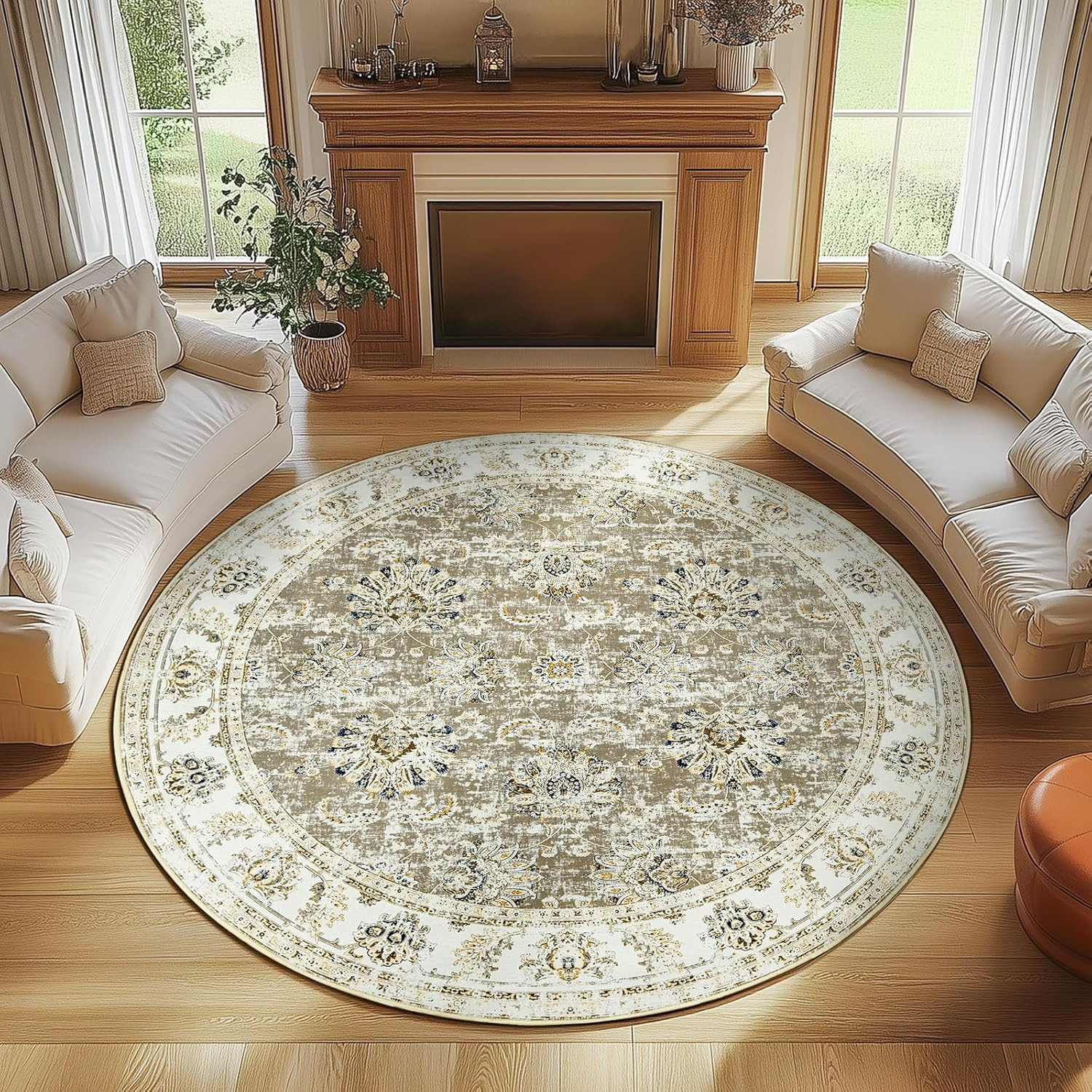 8Ft Round Vintage Floral Rug – Washable Non-Slip Low-Pile Taupe Circle Rug