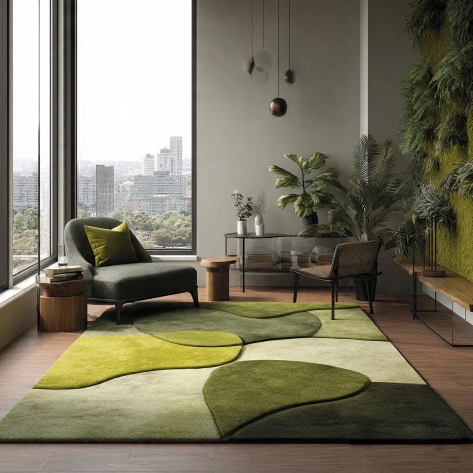 Moss Green Hand-Tufted Green Abstract Wool Rug Modern Organic Shape Carpet