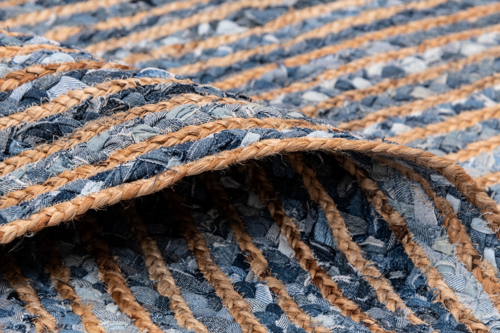 Handmade Jute Chindi Rug Blue Grey Striped Braided Area Carpet Boho Farmhouse