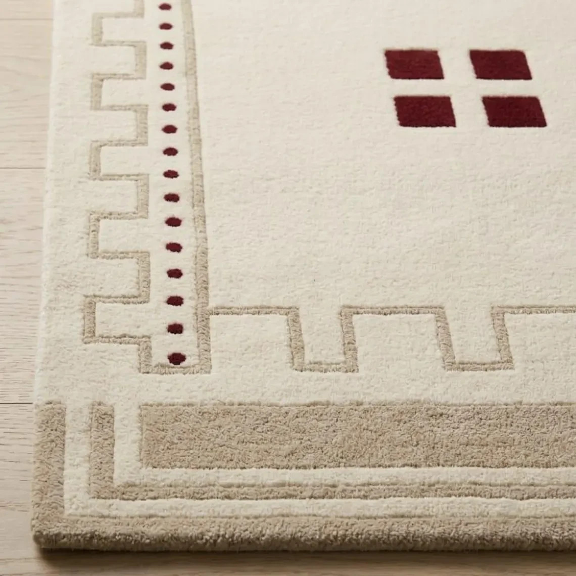Hand Tufted Wool Area Rug | Beige Geometric Border, Red Accents, Southwestern.