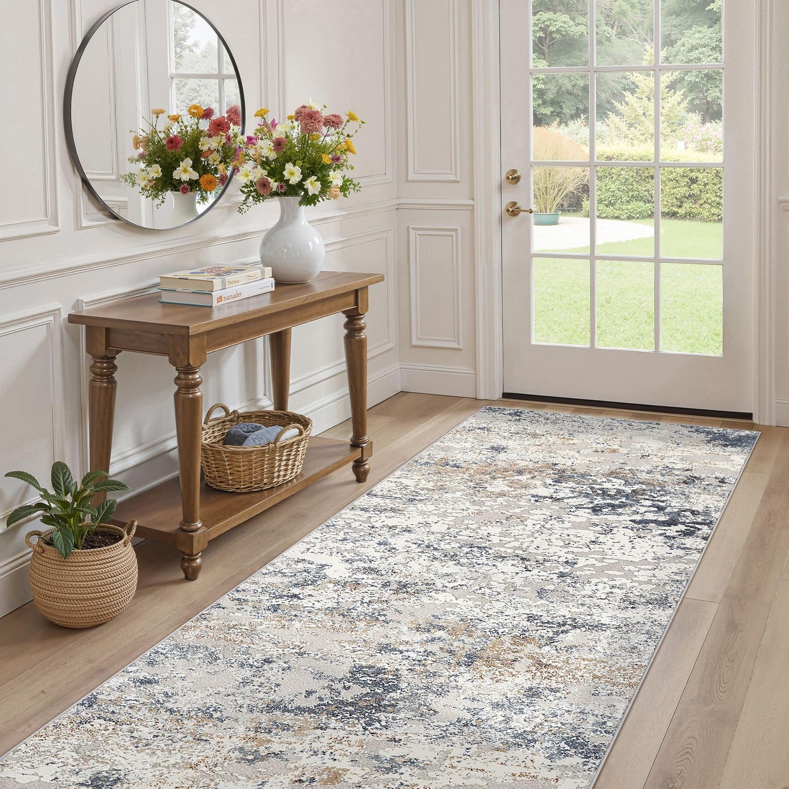 Washable Runner Rug for Hallway: 3×8 Neutral Modern Abstract Low Pile Area Ru…