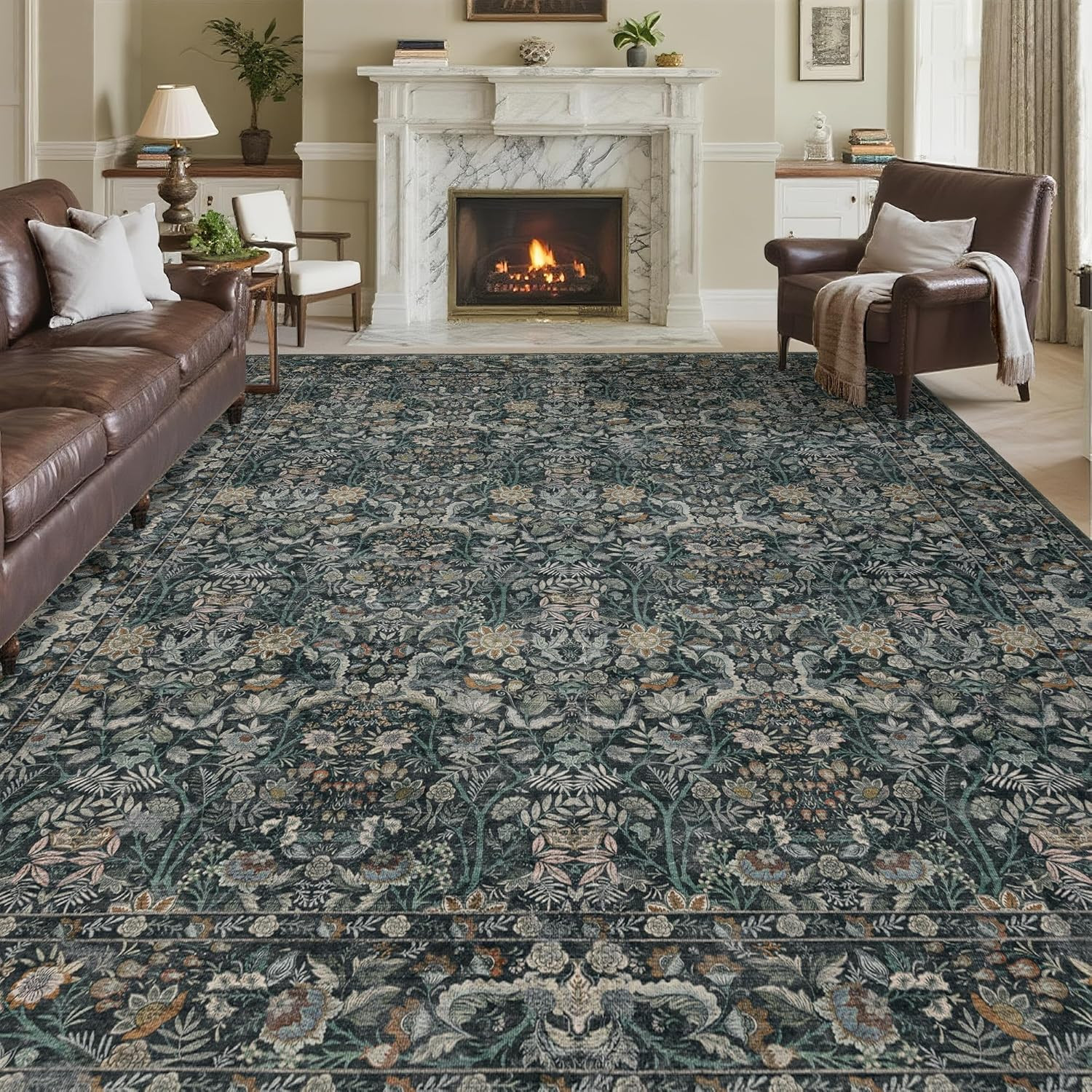 Boho Floral Washable Rug 8×10 – Soft Non-Slip Dark Green Area Carpet