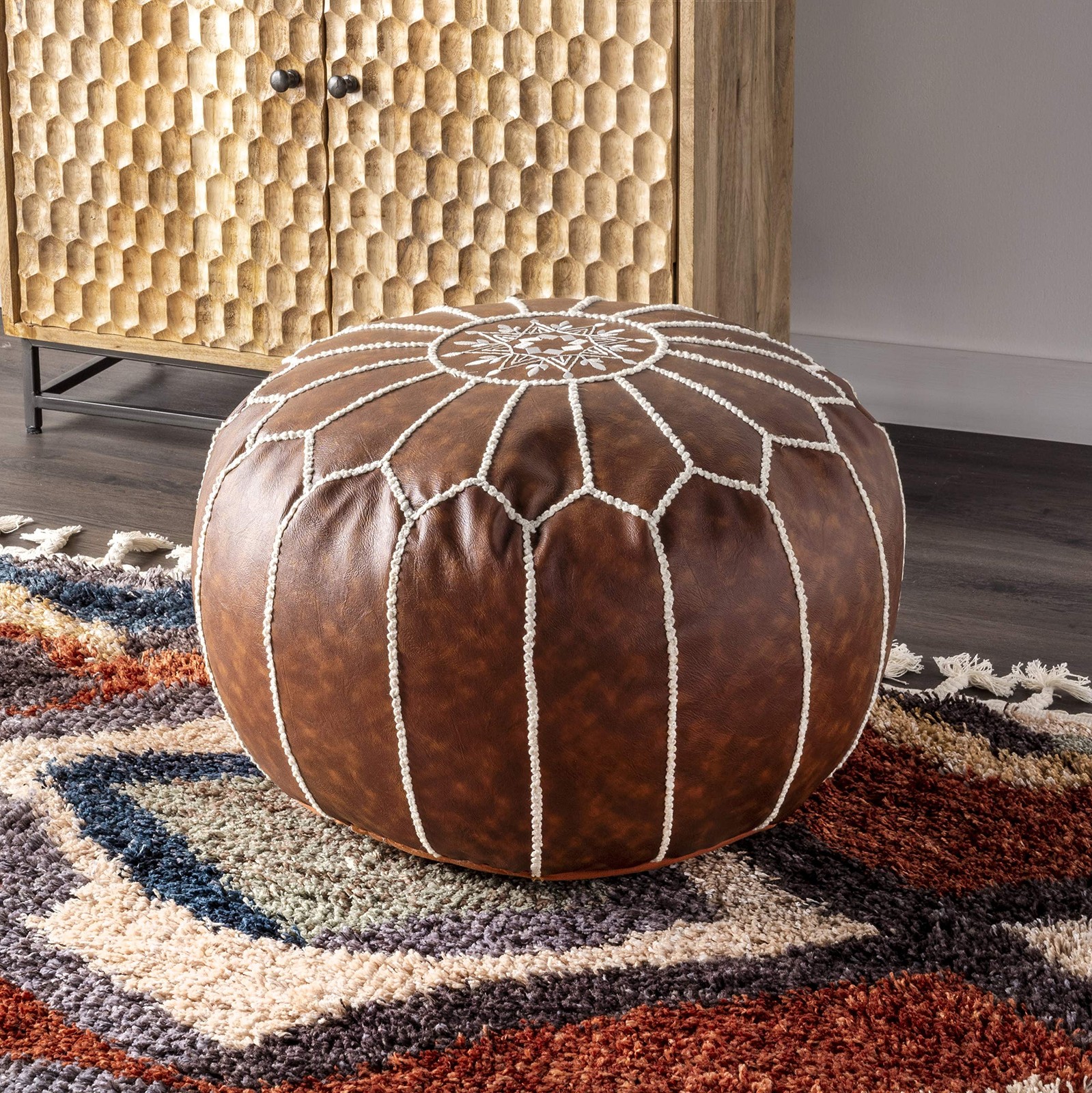 Classic Moroccan Faux Leather Filled Ottoman Pouf