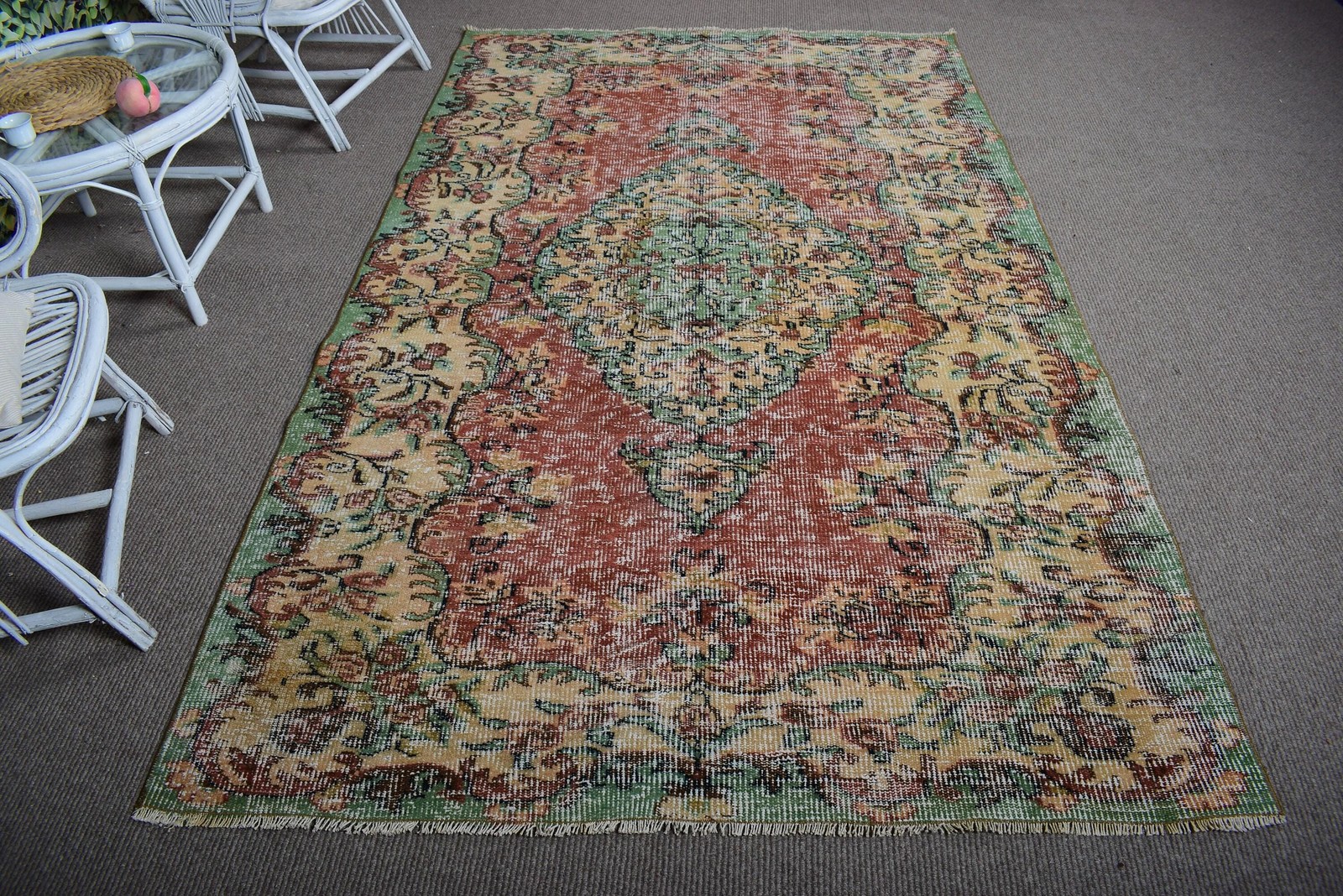 Vintage Turkish Large Rug 5,3×8,9 ft, Green Red Plants & trees Wool Rug