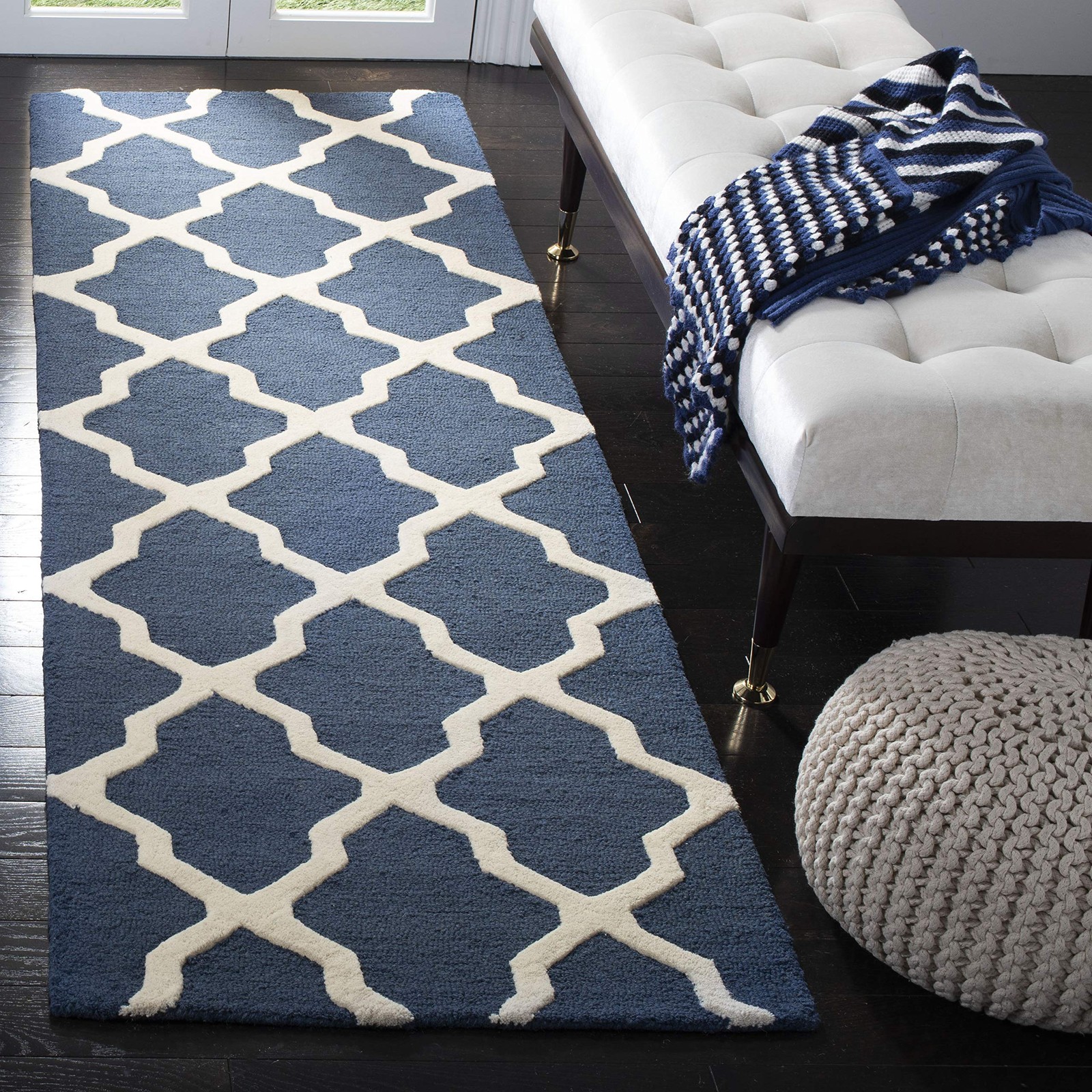 Cambridge Collection Runner Rug – 2’6″ x 6′, Navy Blue & Ivory, Handmade Trel…