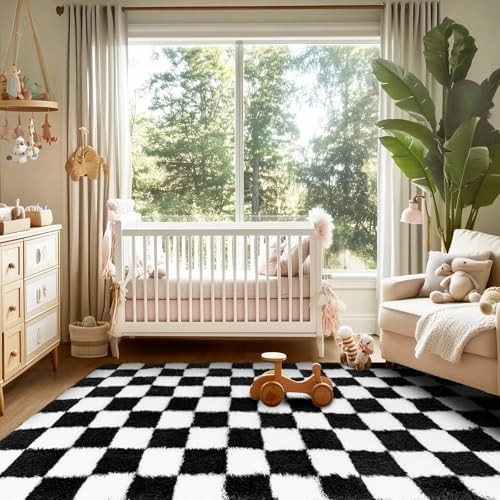 Ecoshag Soft Rugs for Living Room, 5×7 Ft Black and White Checkered Fluffy Shagg