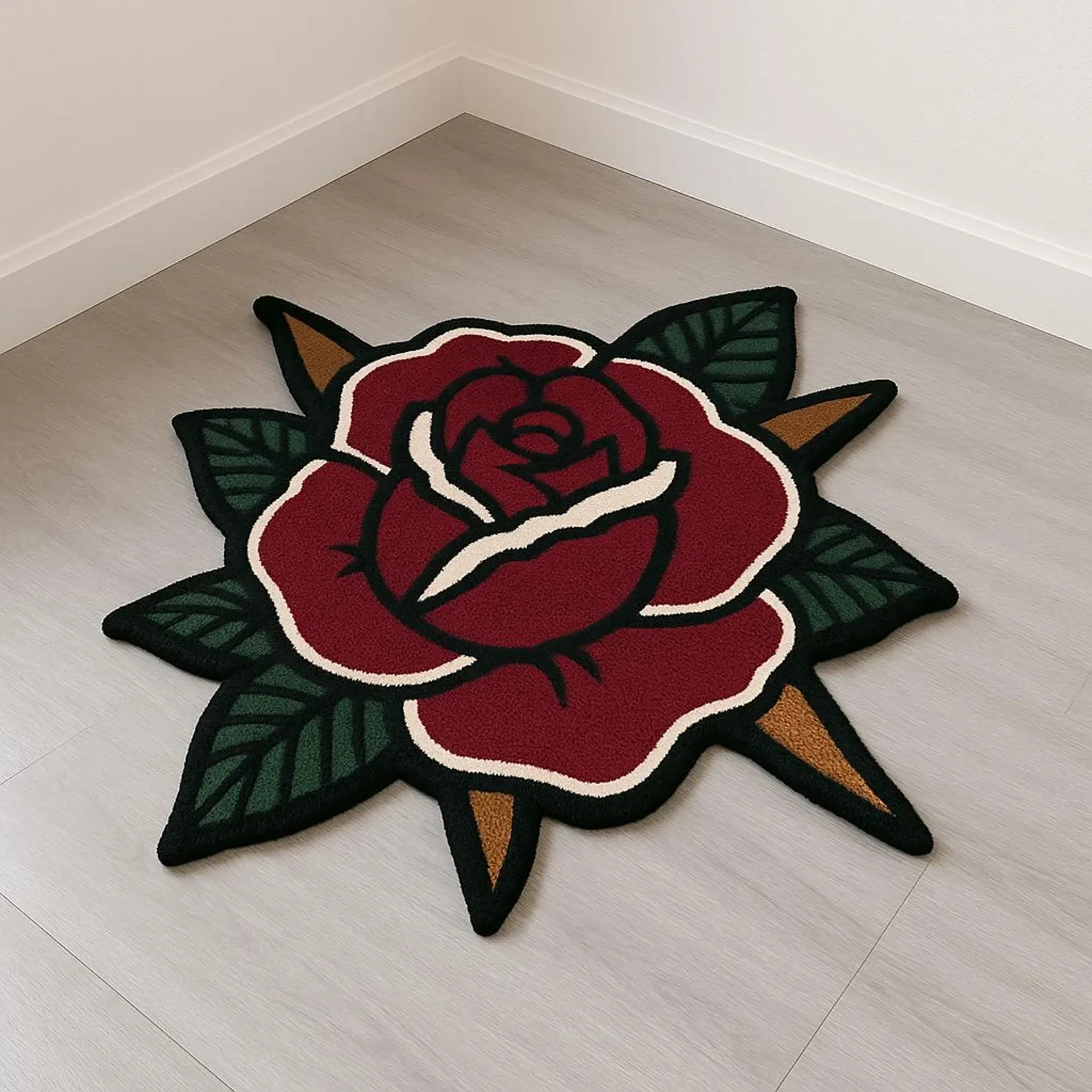 4 feet American Traditional Rose Hand Tufted Tattoo Rug 100% Pure Wool