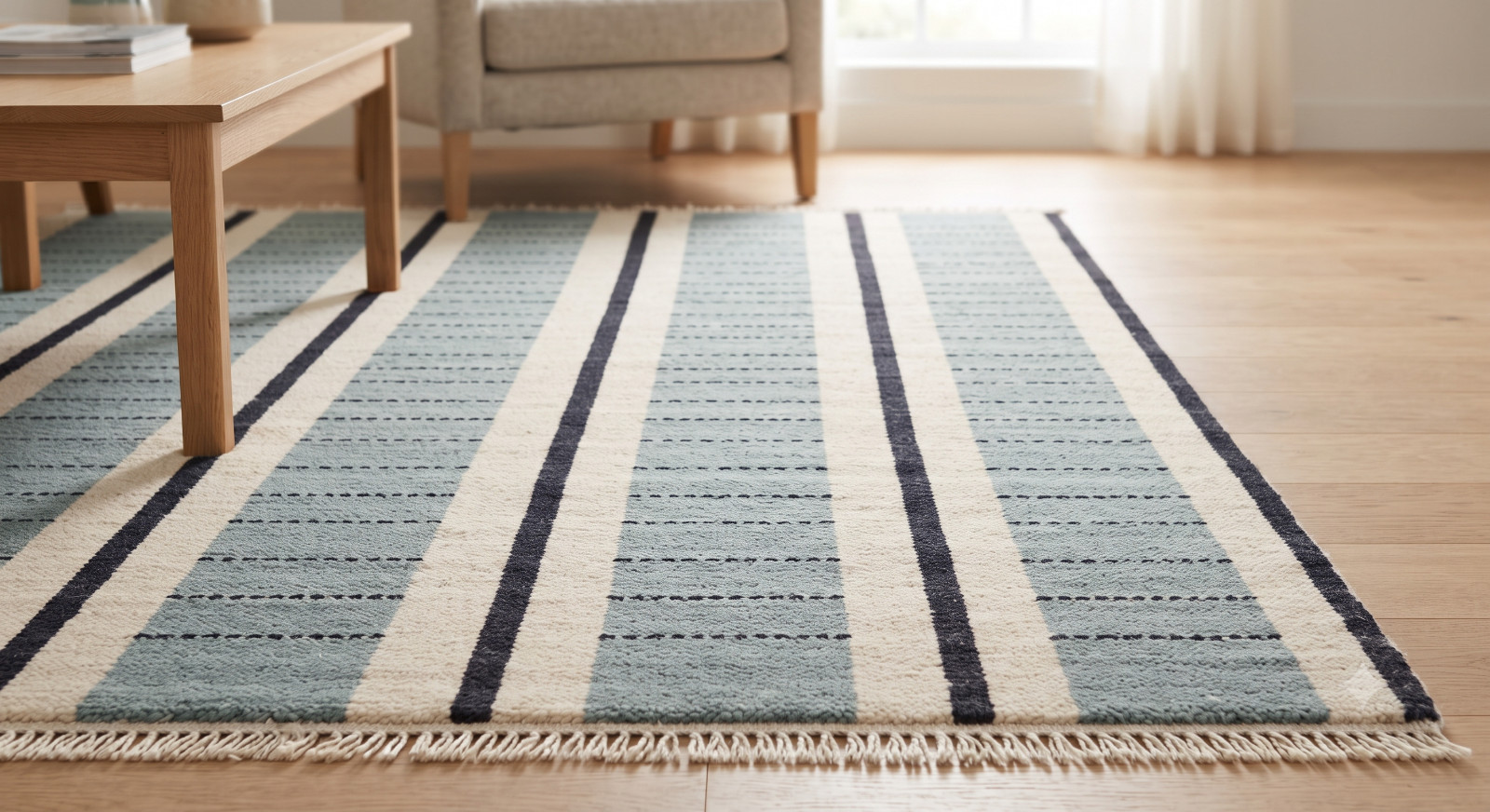 Scandinavian Style Striped Area Rug Blue & Off-White Modern Handwoven Decor
