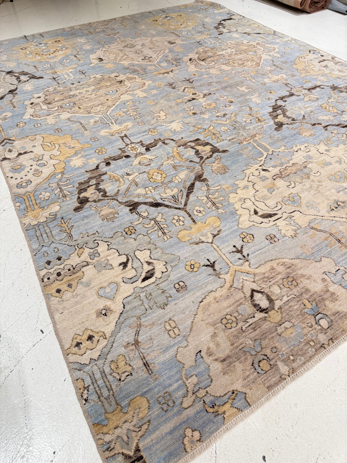 Hand Knotted Blue Tan Oushak Wool Area Rug Vintage Turkish Floral Carpet