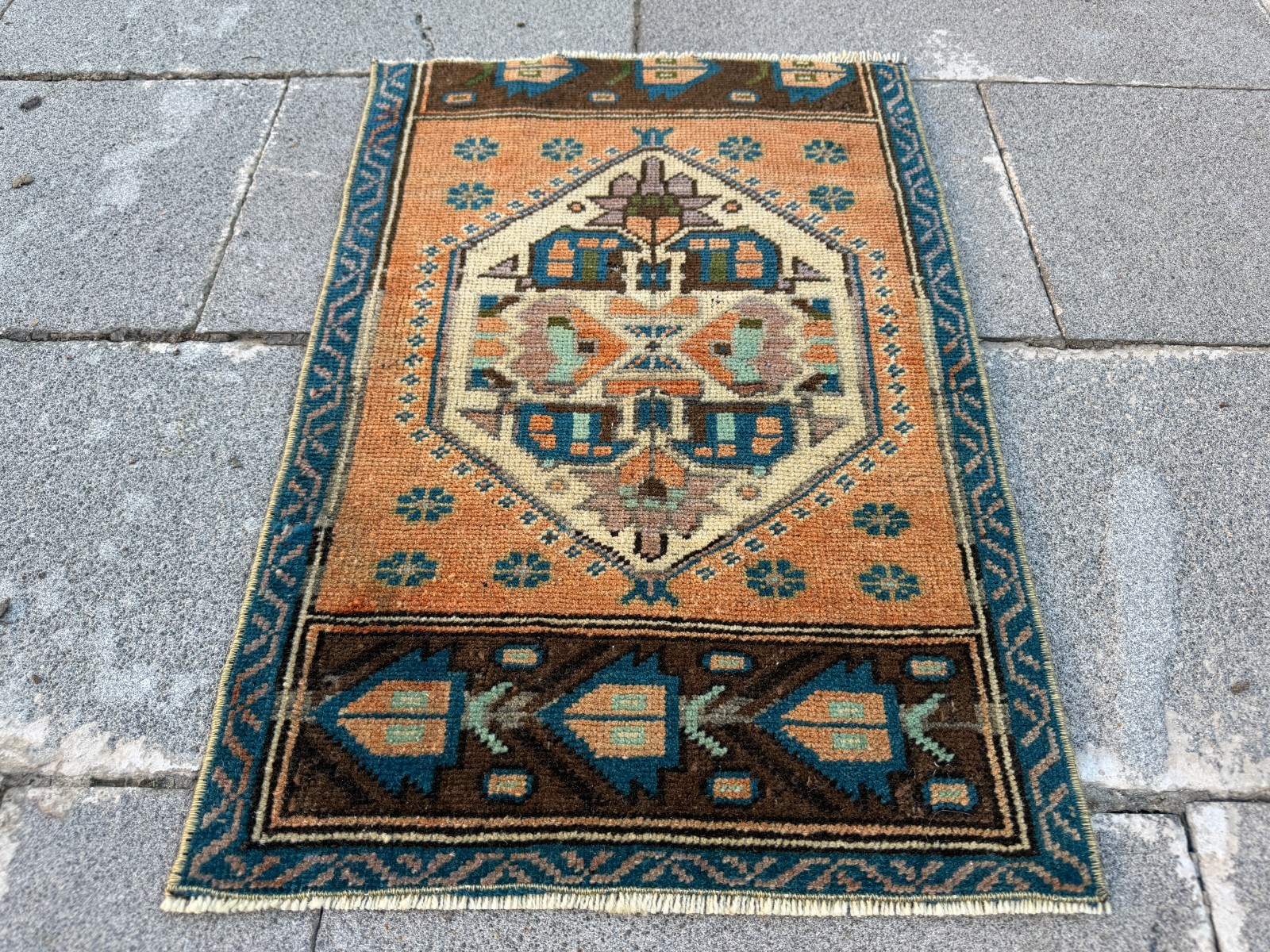 Vintage Turkish Rug 1.5×2.2 ft Orange Blue Wool Area Rug Handmade Tribal Decor