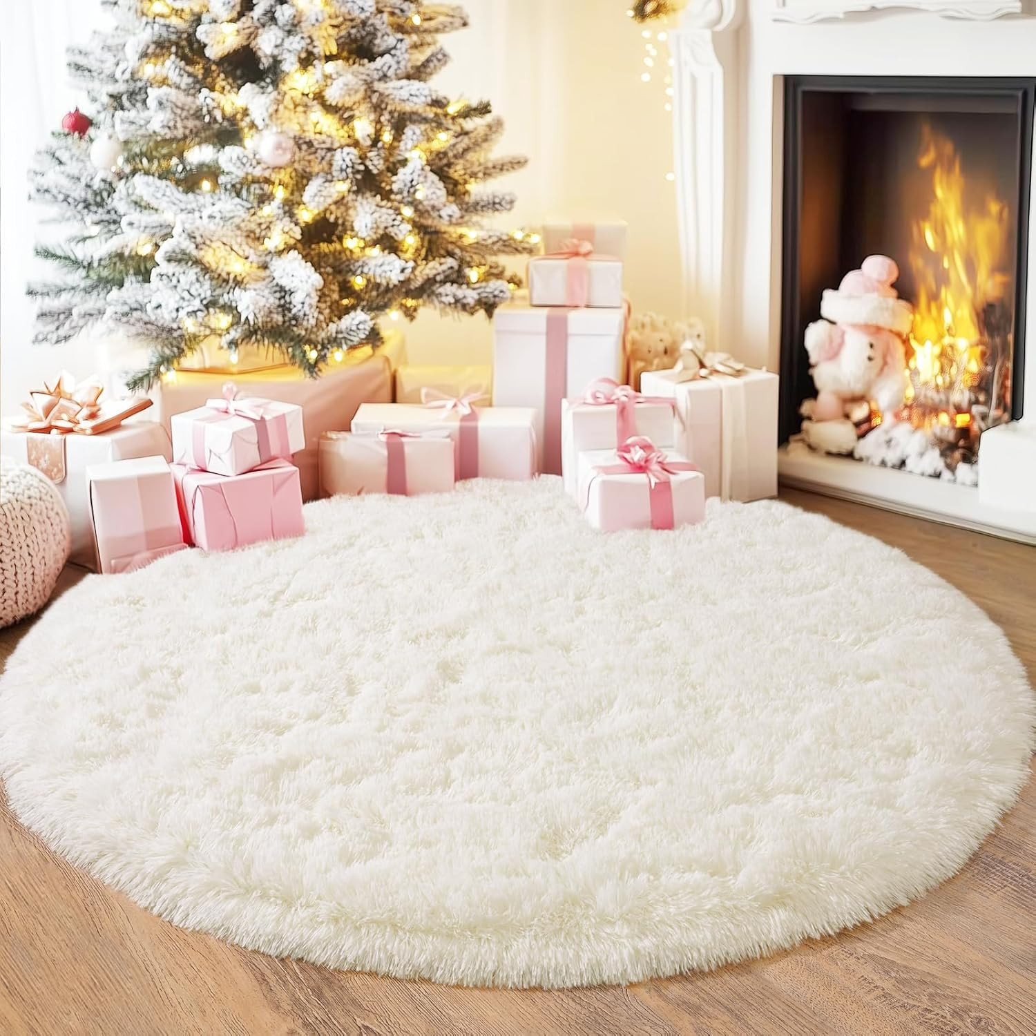 3×3 Ft Cream Round Rug Soft Fluffy Shag Carpet for Girls Bedroom