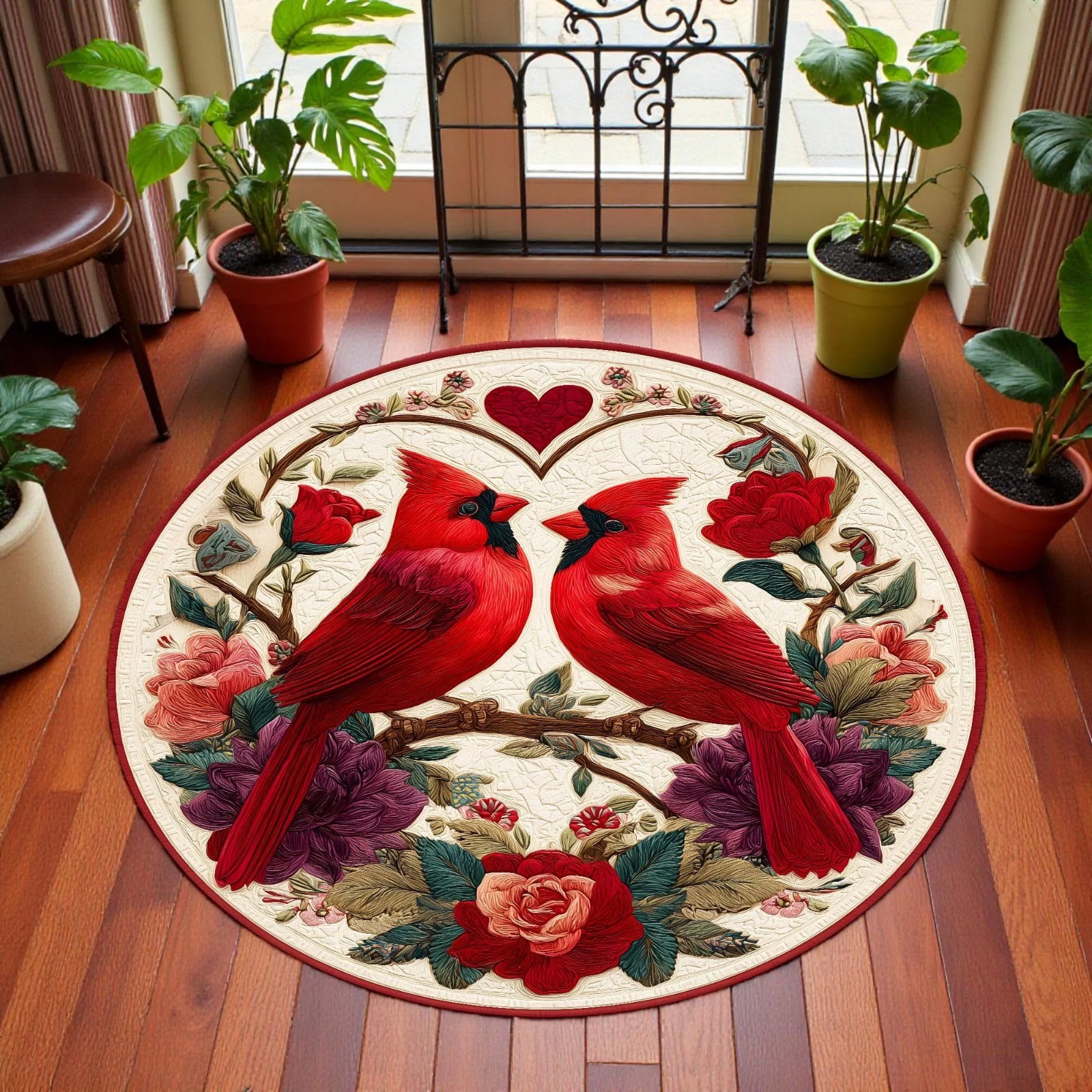 Cardinal Couple Floral Round Rug, Vintage Red Bird Love Decor Gift ValentinesDay