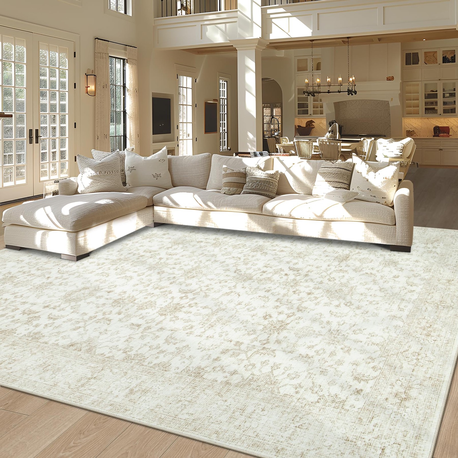 Area Rug 9×12 Living Room Rug, Soft Neutral Vintage Washable Rug with Non Sli…