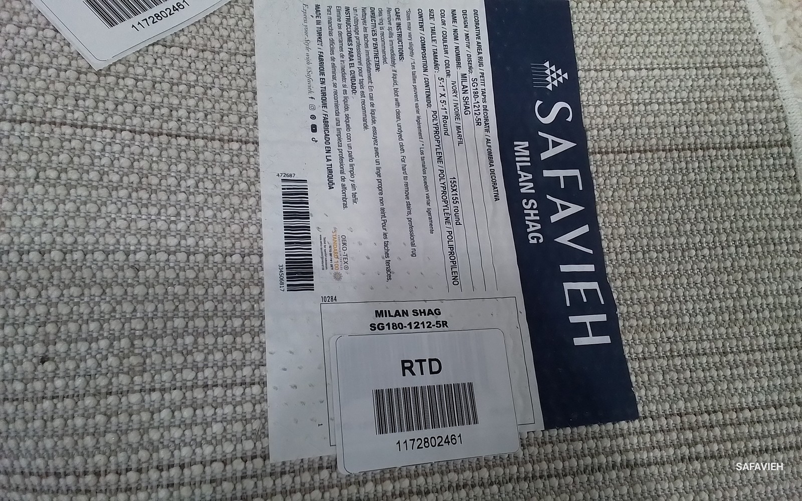 IVORY 5′-1″ x 5′-1″ Back Stain Rug, Reduced Price 1172802461 SG180-1212-5R