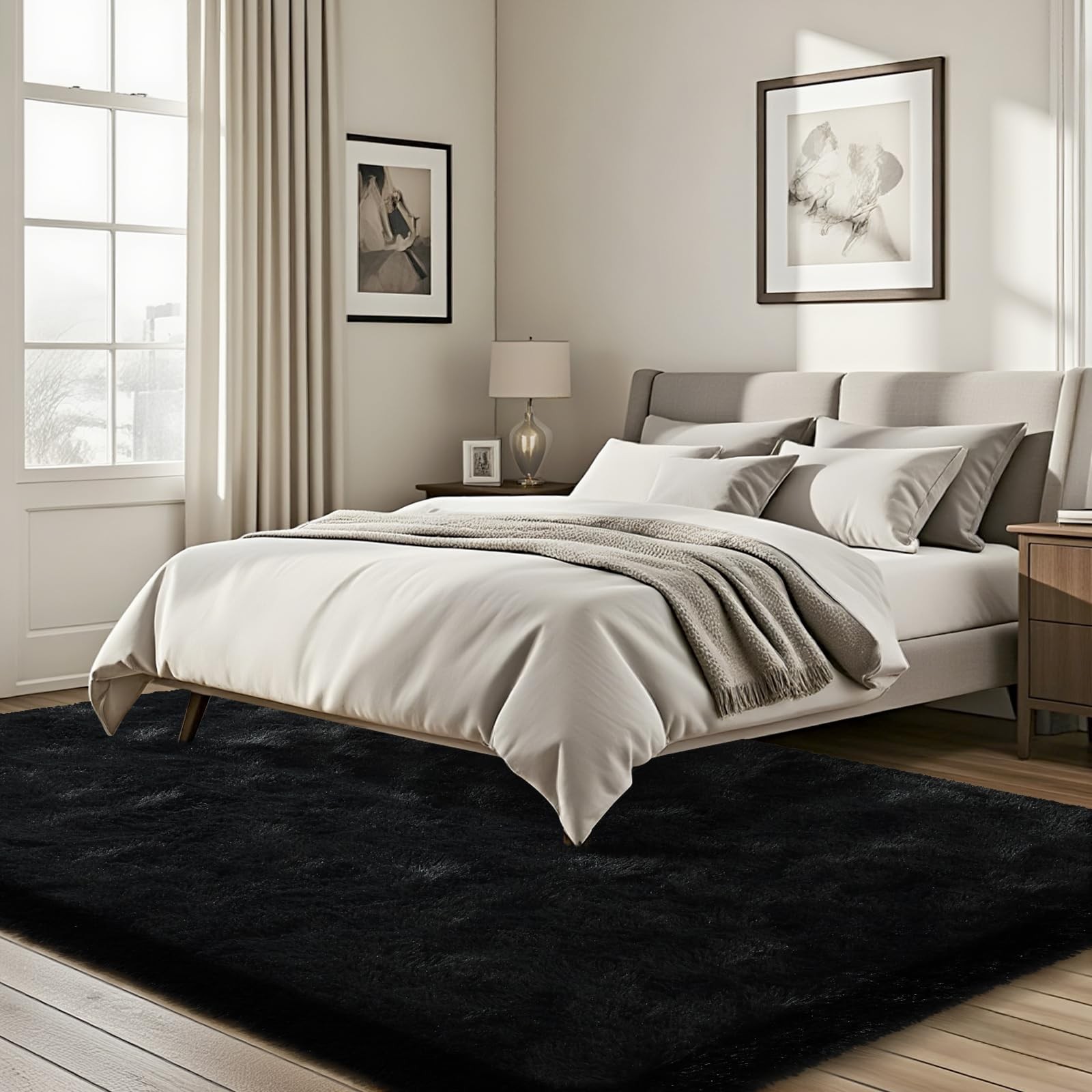 Black Rug Super Soft Shaggy 4×6 Feet Rugs for Bedroom, Fluffy Area Rug for Li…