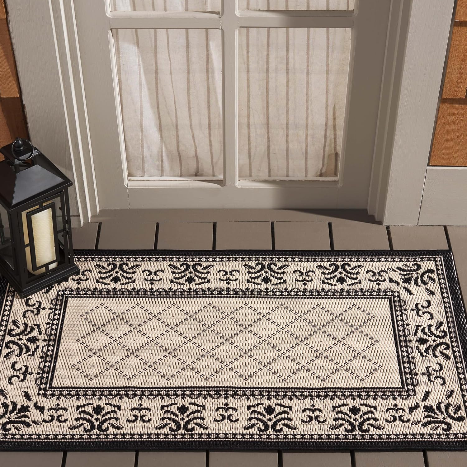 SAFAVIEH Washable Rug Outdoor Courtyard Collection – 2’7″ X 5′, Sand & Black, No