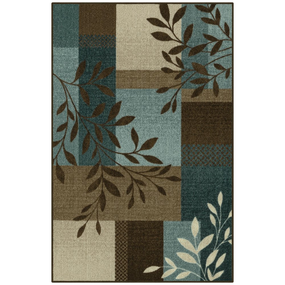 AREA RUGS Traditional Leaf Block Blue Brown Print Multiple Sizes