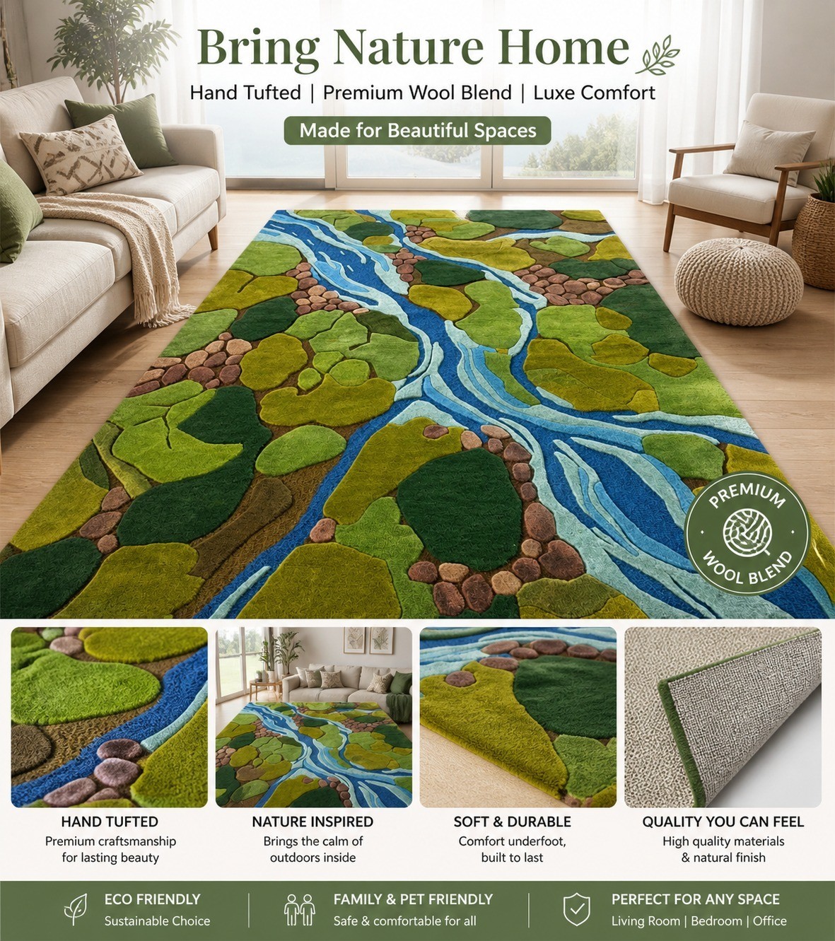 Hand tufted wool rug 8×10 9×12 new zealand wool rug – 3d Green Forest Koi River