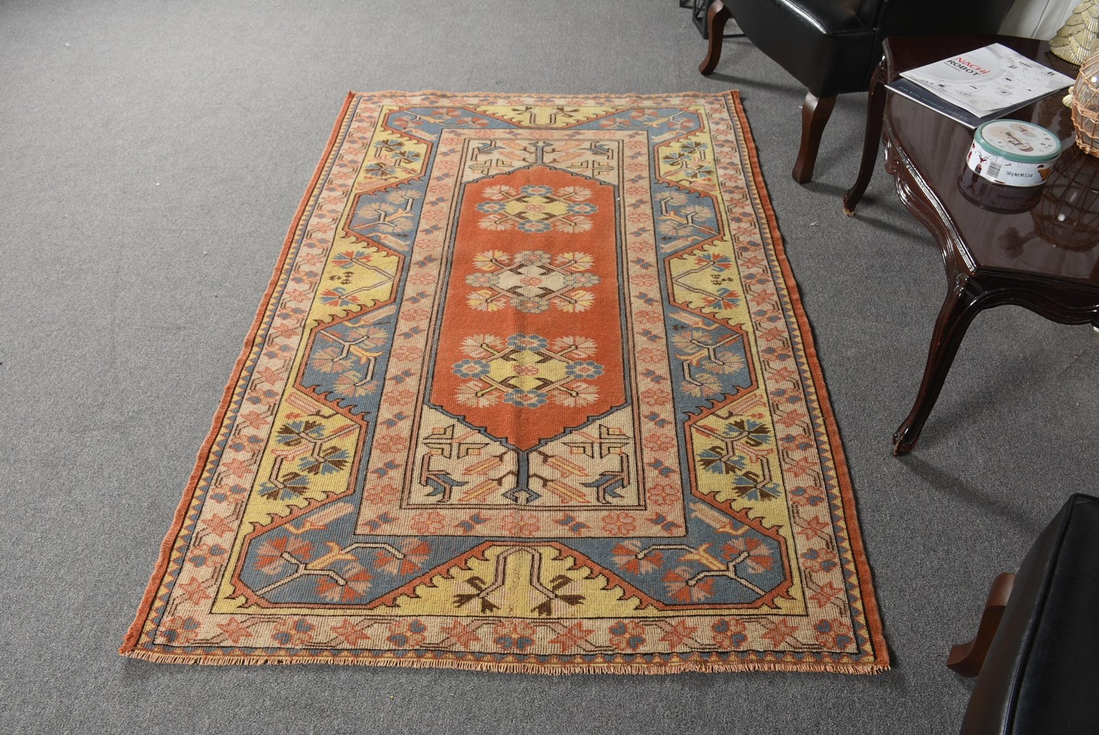 Turkish Vintage Rug, 4,2×6,4 ft Rug, Red Blue Floral Wool Rug