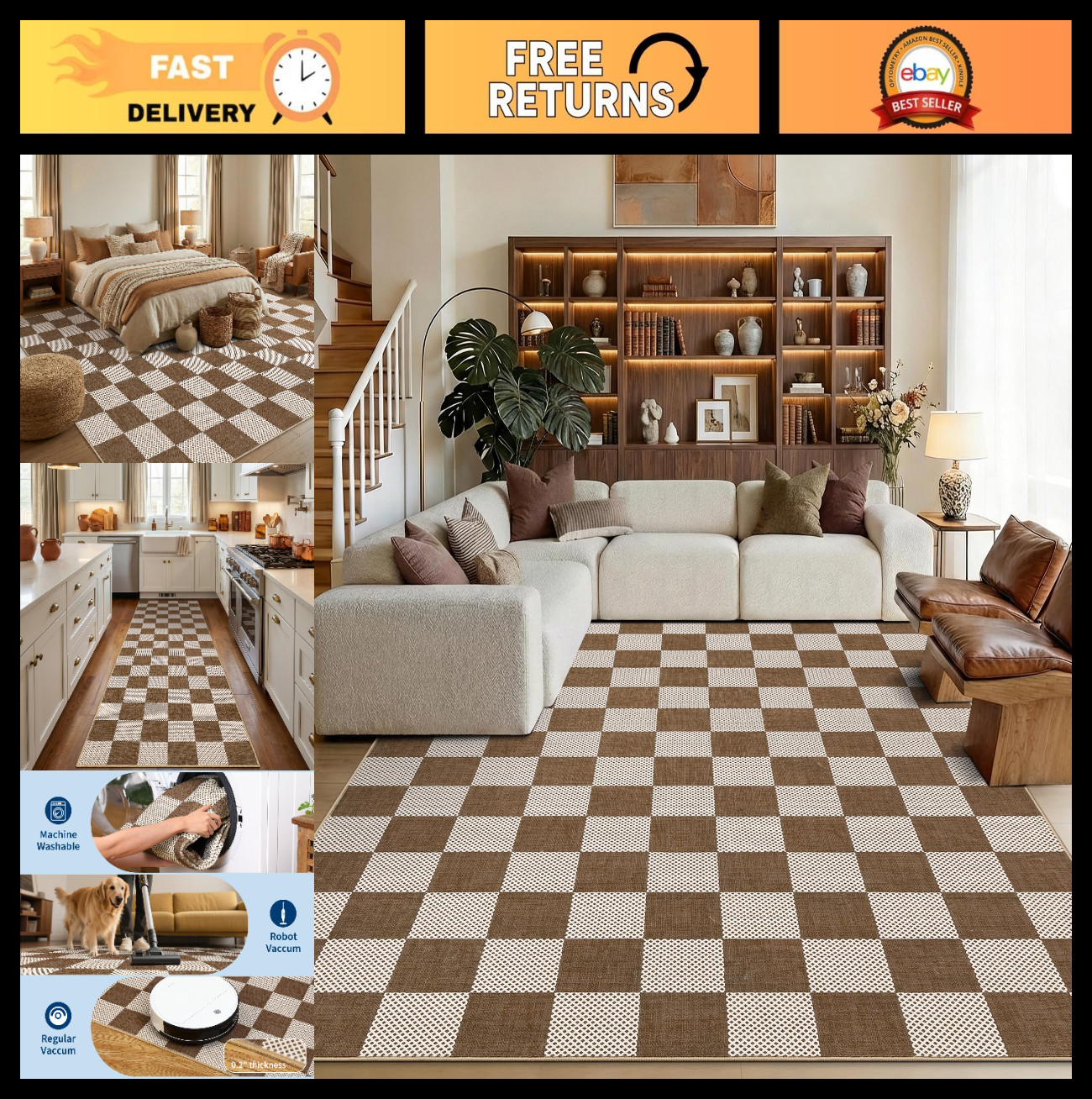 Checkered Terracotta Brown 5×7 Washable Rug – Geometric Diamond Dot, Soft Low-Pi