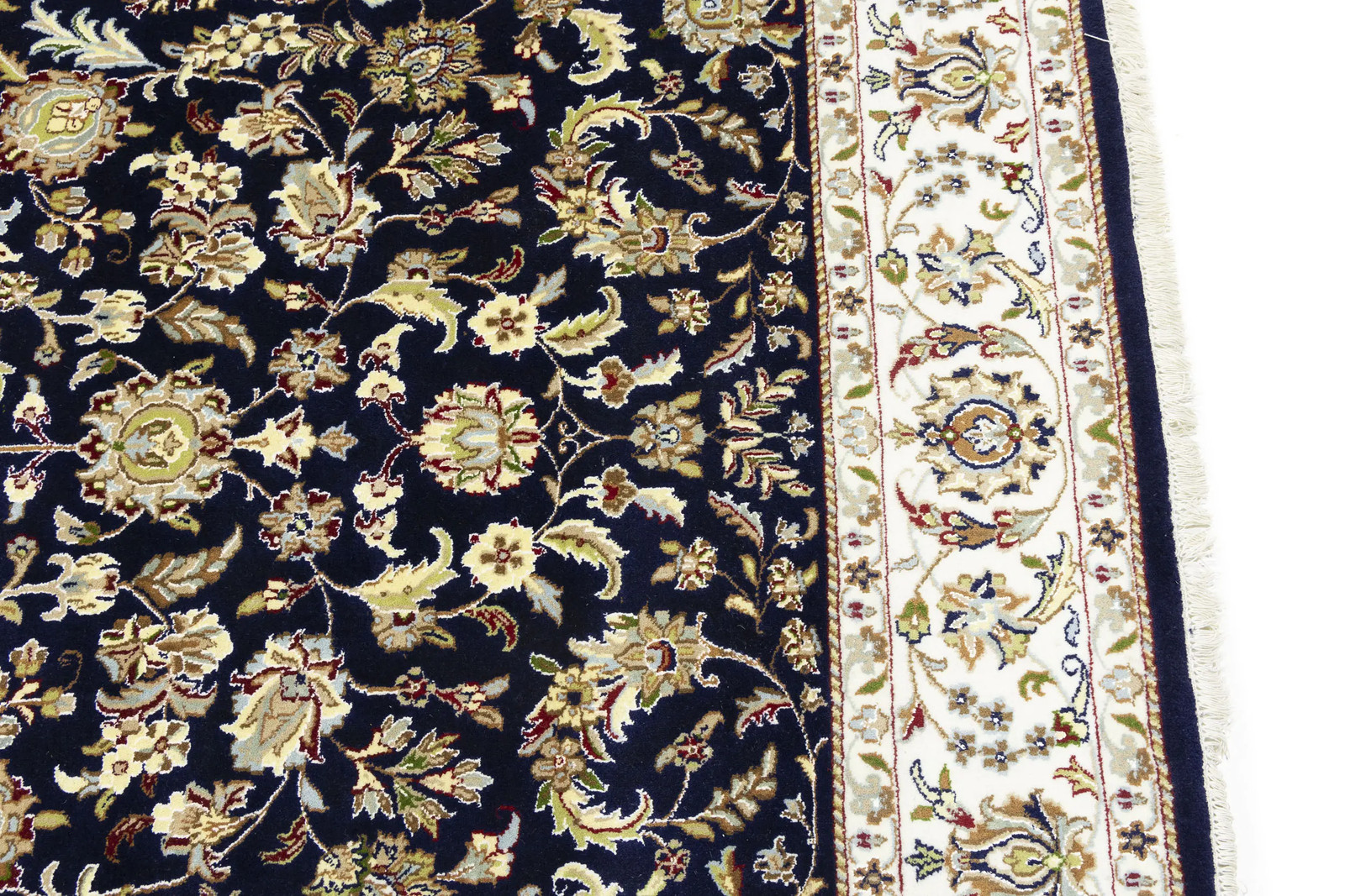 Dark Navy Wool Indo-Nain Oriental Rug Allover Floral Classic Design 6X9 ft