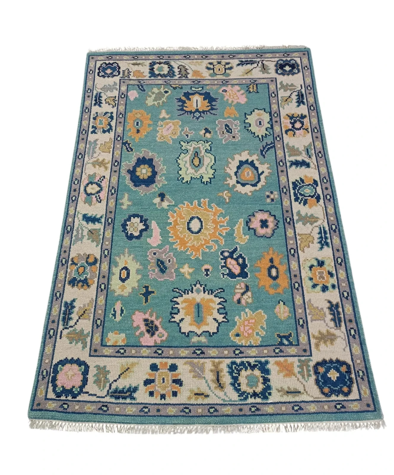 Teal Multi Hand Knotted Oushak Wool Area Rug, Colorful Floral Medallion Design