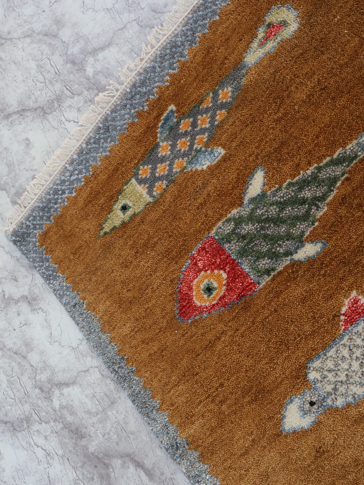 Hand Knotted Fish Runner Rug Wool Brown Coastal Nautical Hallway Rug