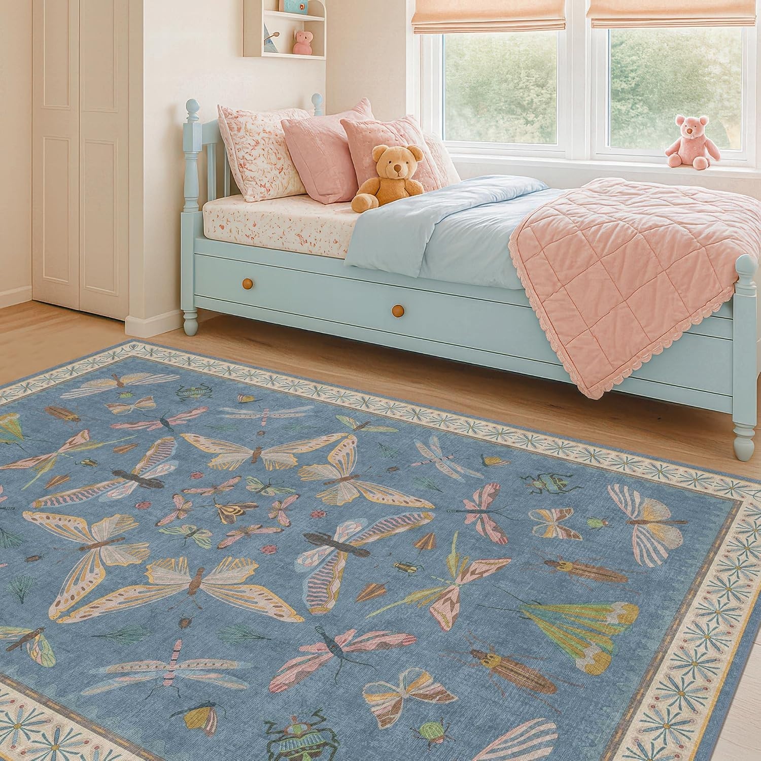 Blue Washable Kids Playroom Rug 5×7 Area Rugs for Baby Boy Bedroom Whimsy