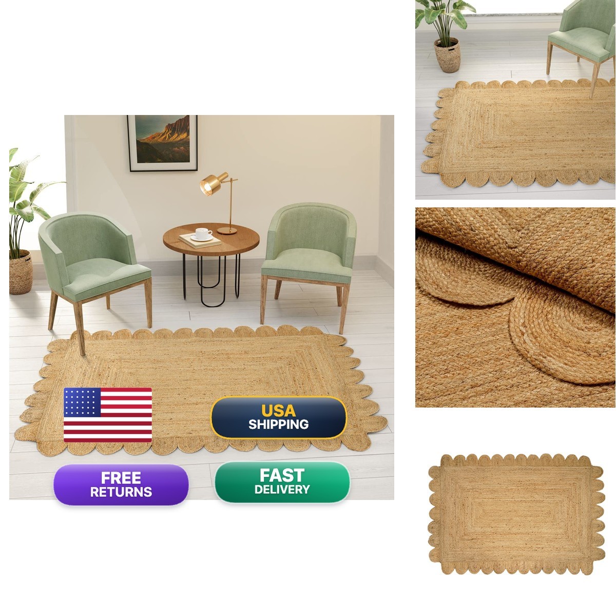 Gruhum Scalloped Jute Area Rugs 3X5 Ft Natural Fiber Handwoven Boho Reversible