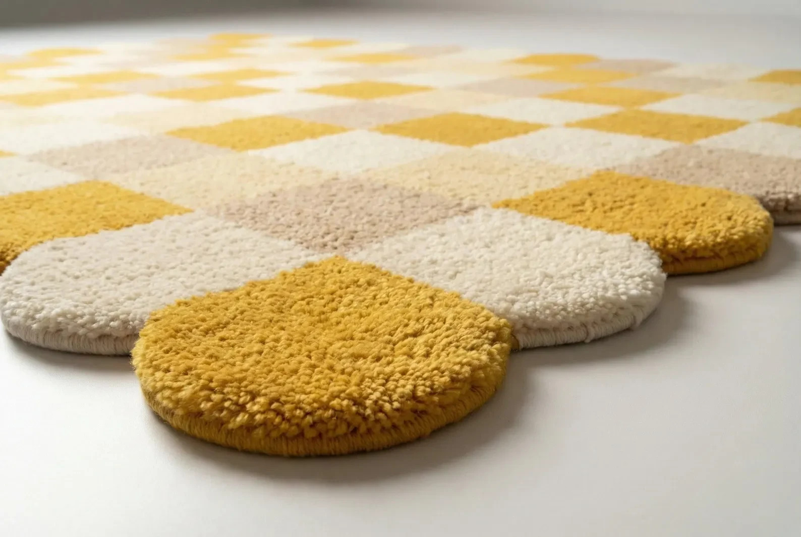 Hand Tufted Wool Area Rug – Yellow Checkered Pattern, Scalloped Edge home decor