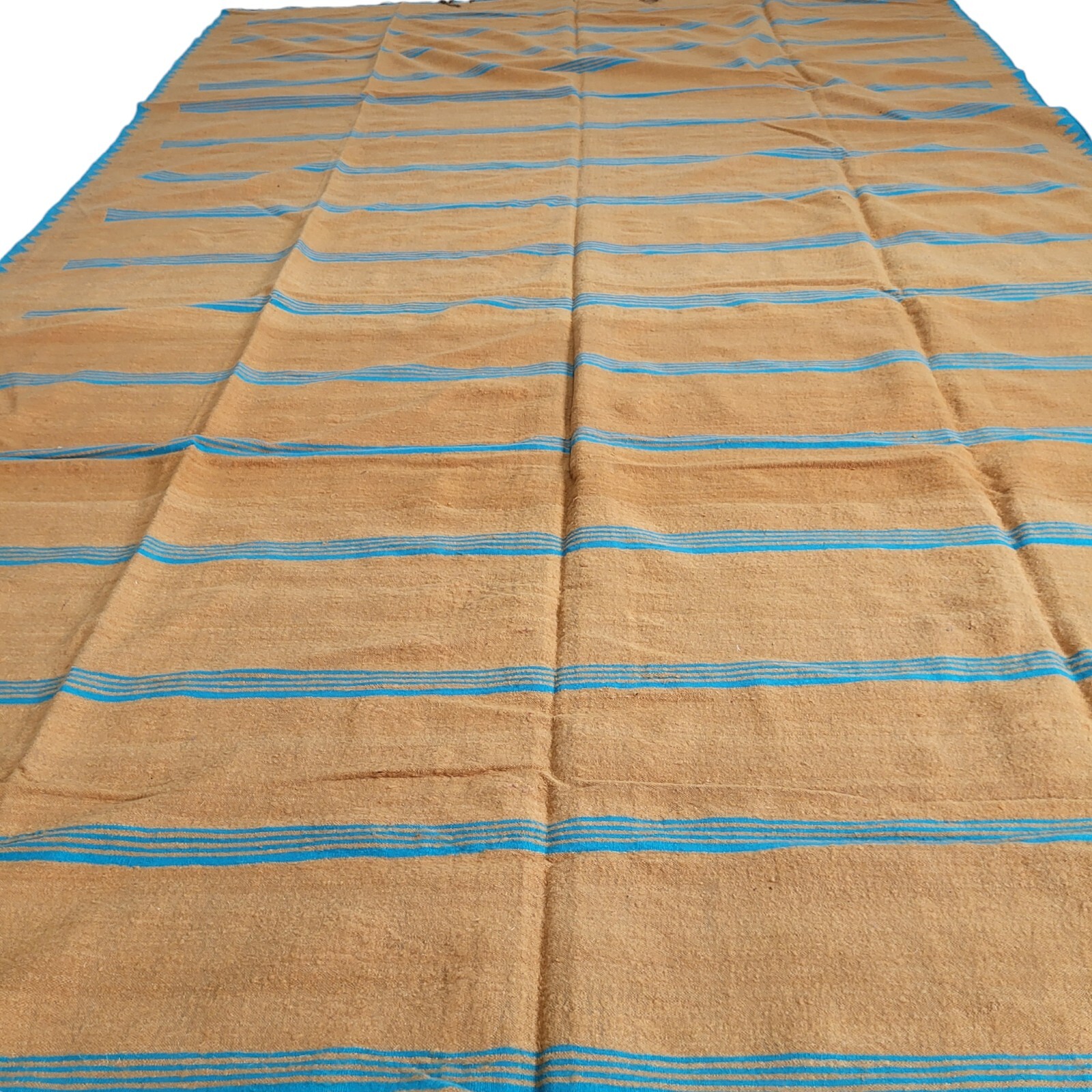 Vibrant Handmade Moroccan Orange Rug Blue Stripe Fringe Berber Wool Carpet 11×6
