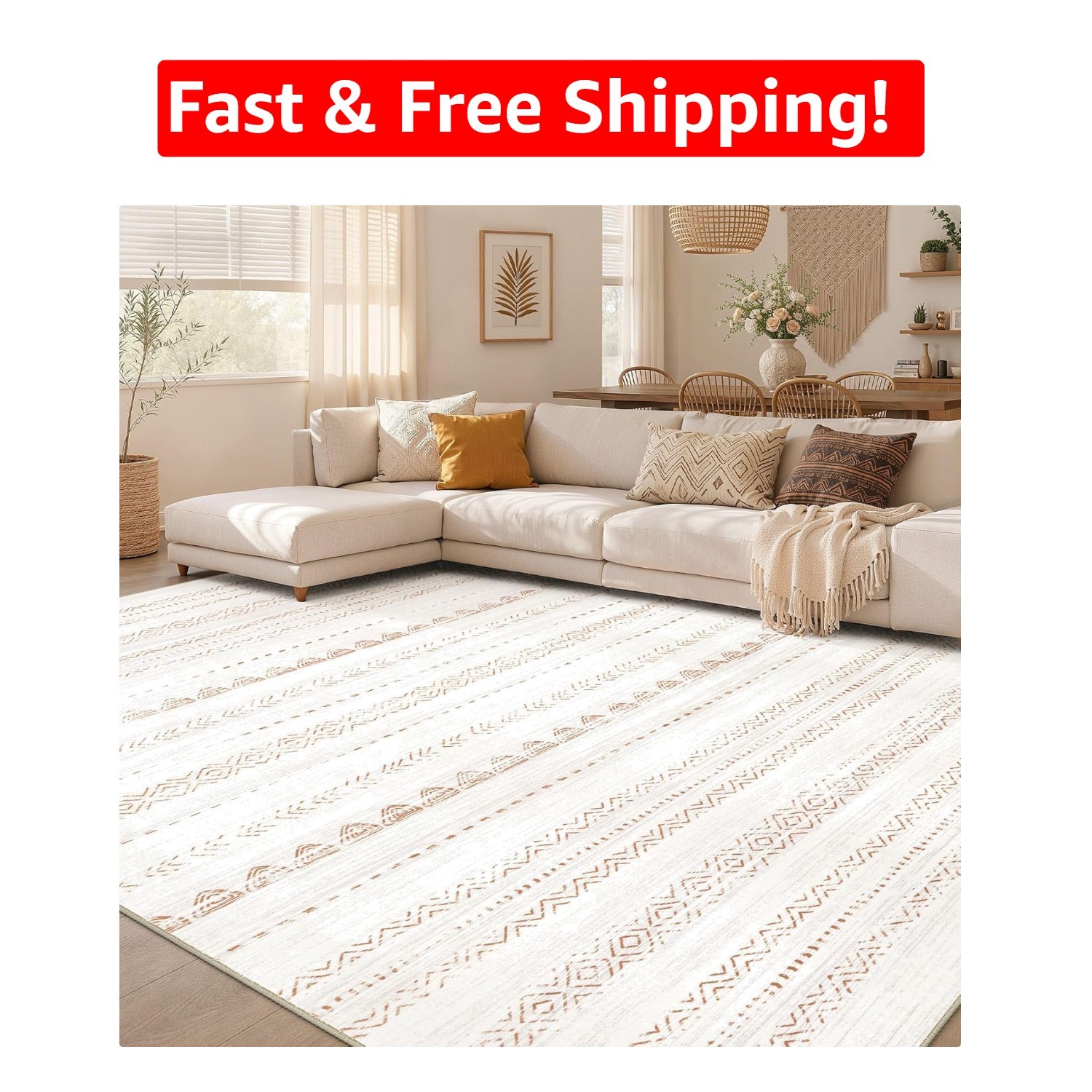 Elegant 5×7 Washable Area Rug in Cream Brown – Soft, Stain Resistant Design