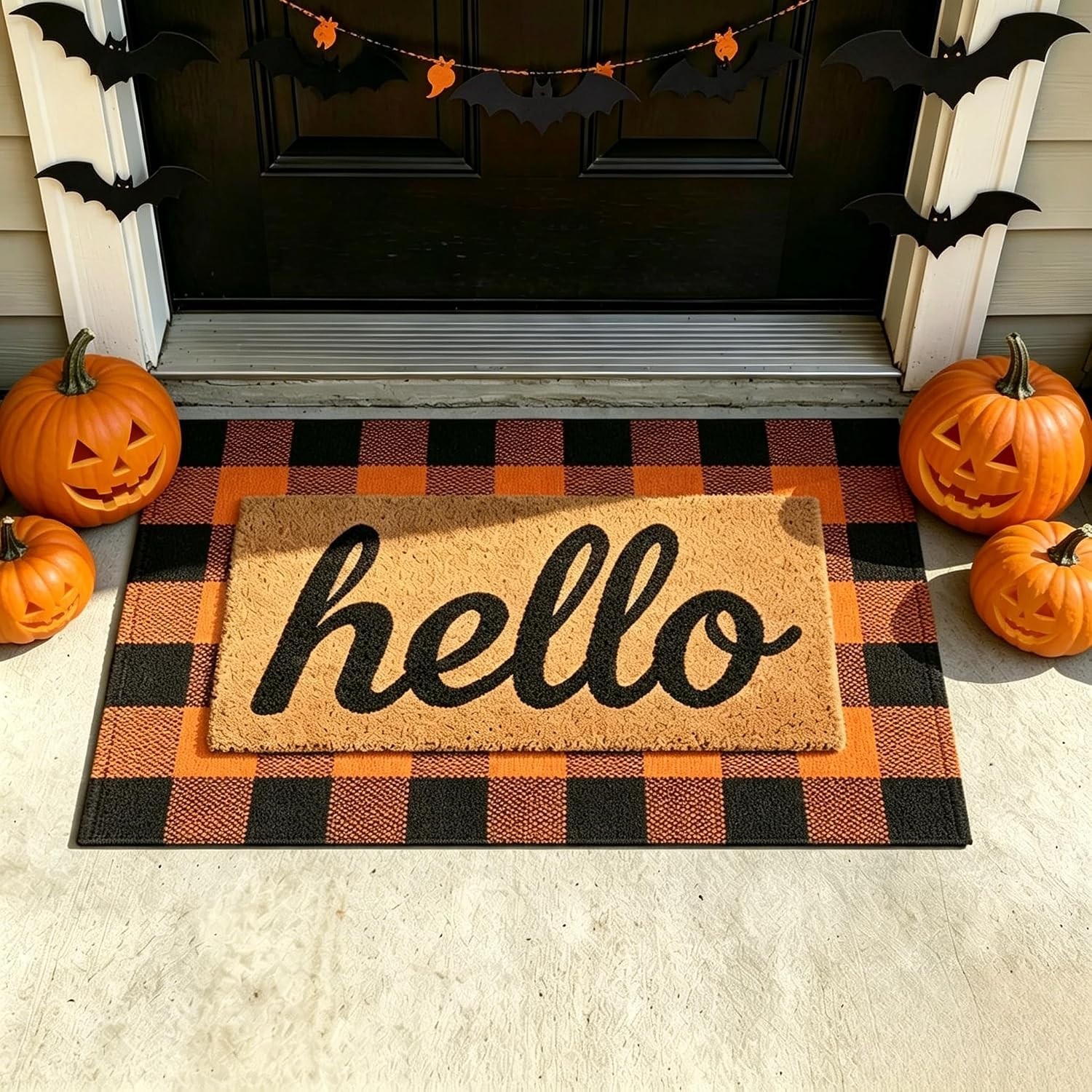 Buffalo Plaid Outdoor Rug 27.5×43 Orange and Black Front Door Mat, Layering R…