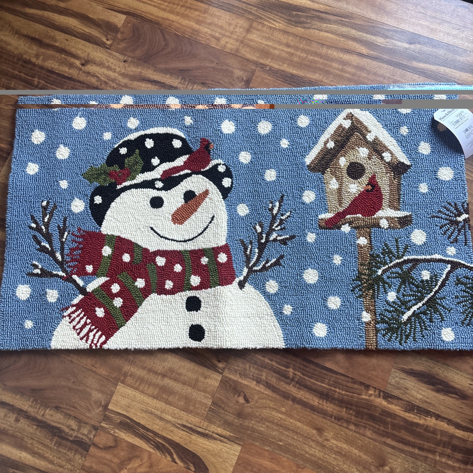 Plow & Hearth Holiday Christmas Winter Snowman /cardinal 24×42”Throw Rug