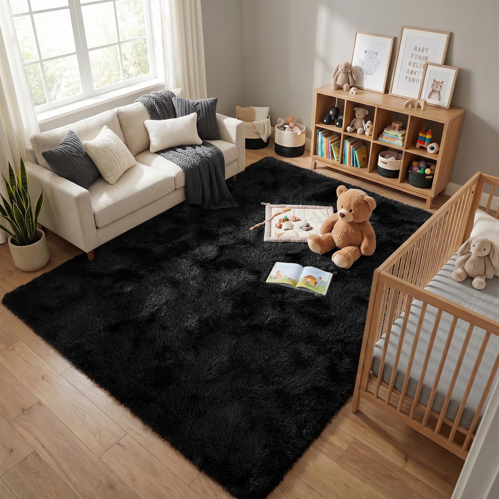 Fluffy Rugs for Living Room: Black Soft Shag Rug for Bedroom, Large Fuzzy Plu…