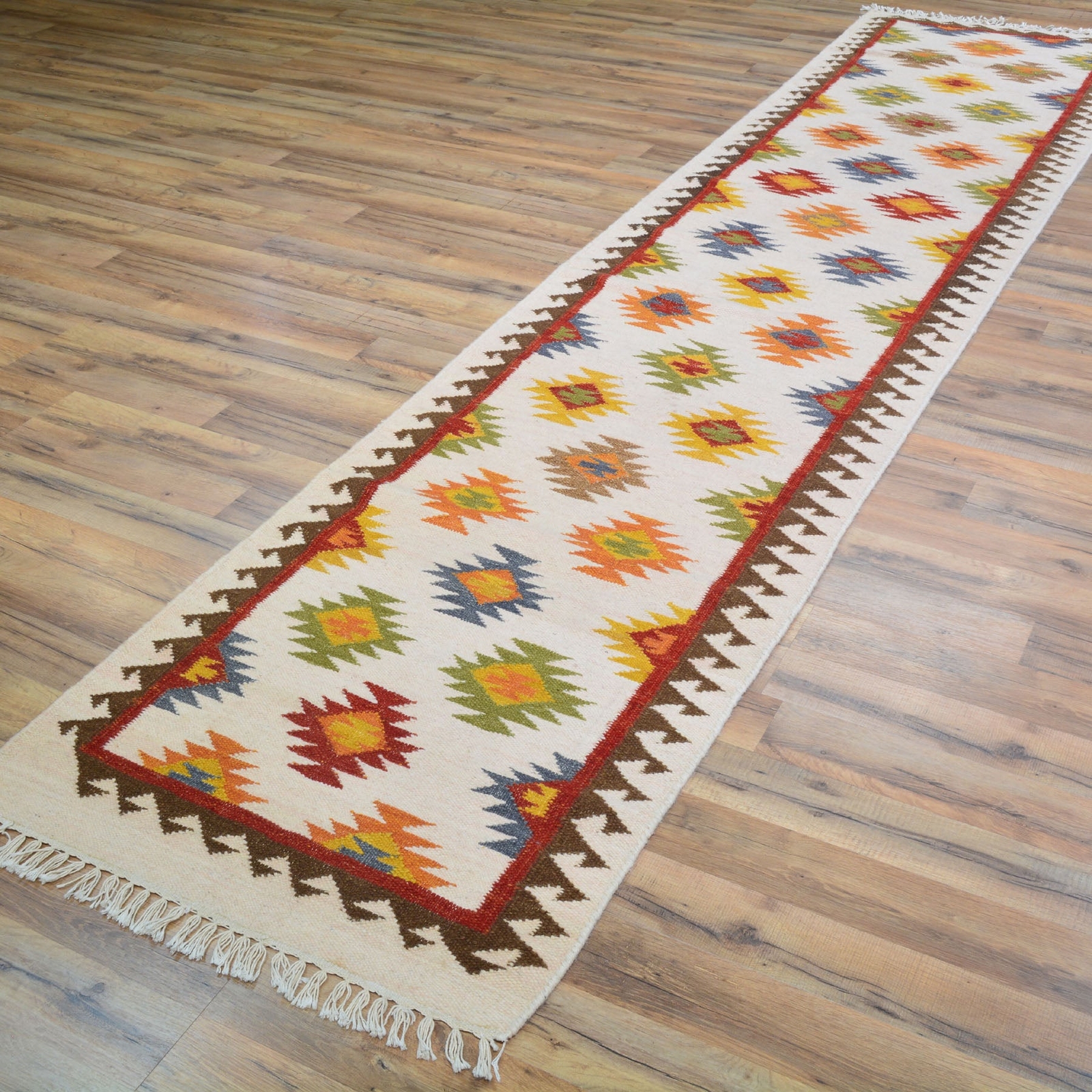 Hand-Woven Indo Durrie Tribal Design Handmade 100% Wool Rug (Size 2.6 X 11.6) Br