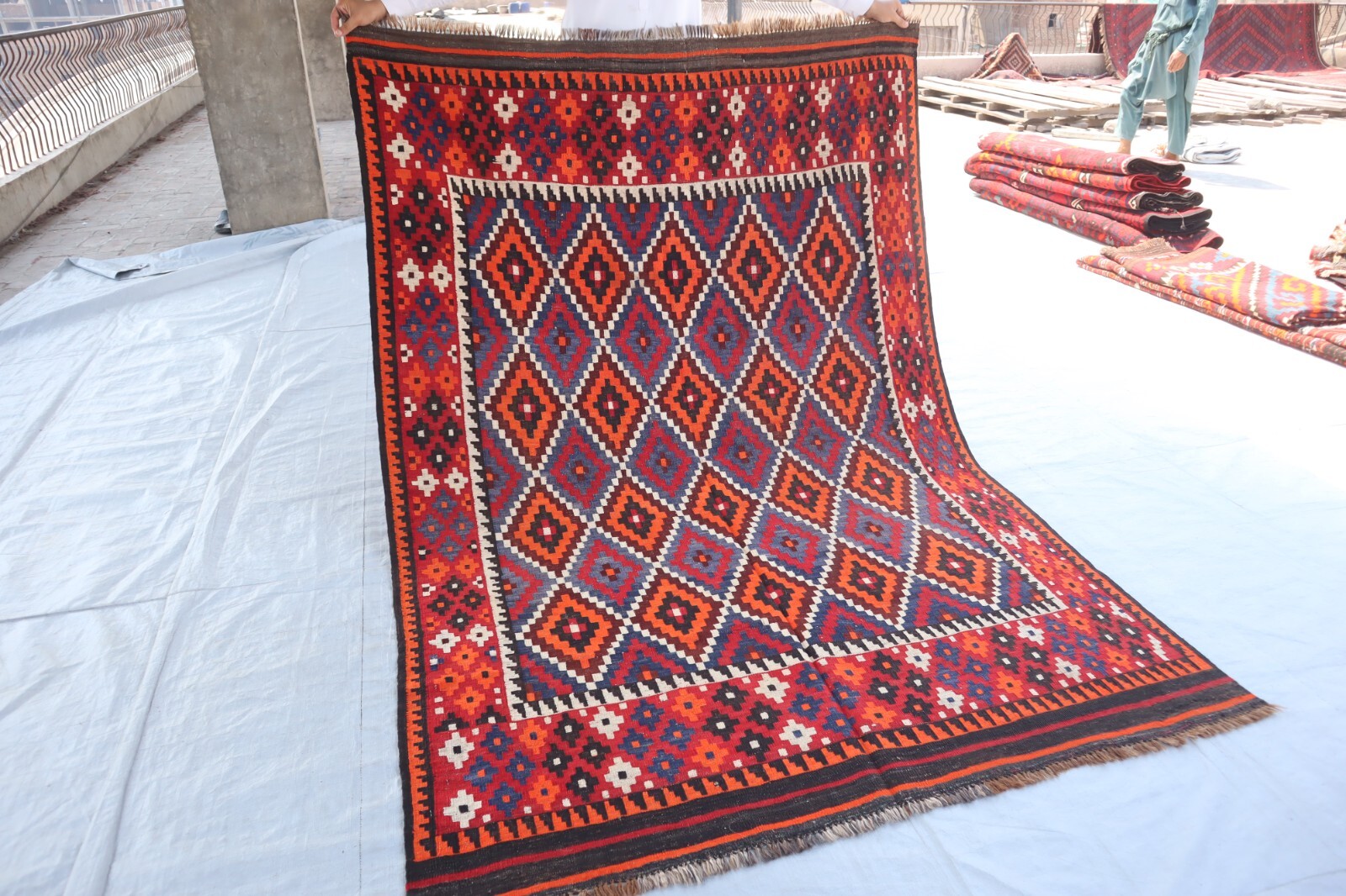 5’3×7’8 ft Afghan Kilim Rug- Handmade Wool Area rug- Multicolor Orange Red Rug