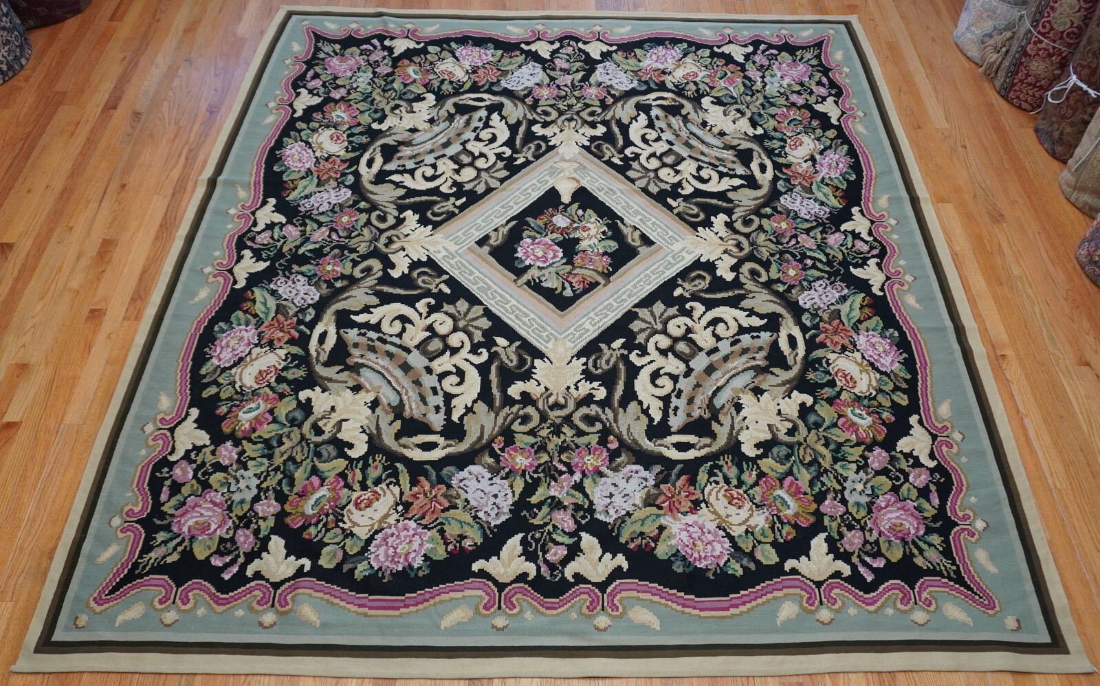 8’9″ x 9’8″ Antique Bessarabian Kilim Roses Flowers Handwoven Flatweave Rug